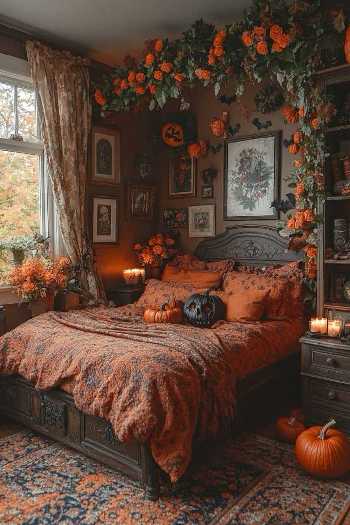 Moody bedroom with autumn floral vine canopy and vintage bed.