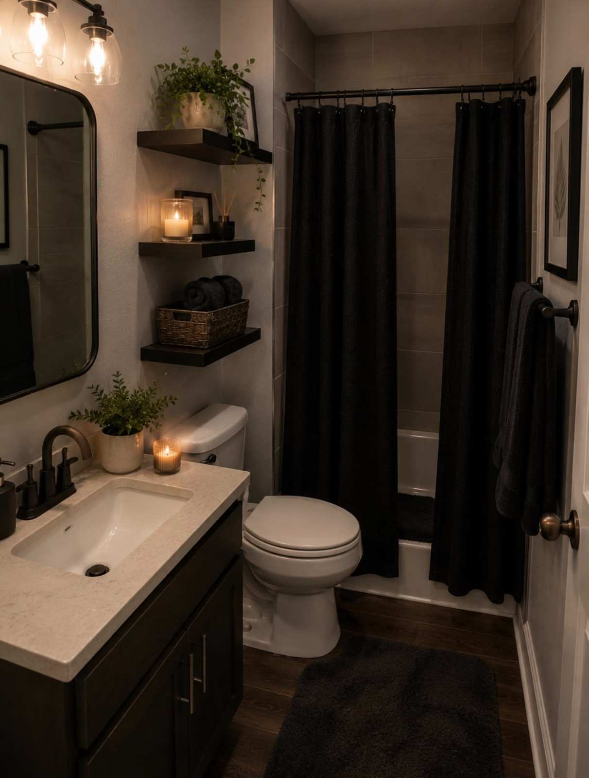 Dark bathroom featuring matte black walls, floating corner shelves, brushed gold fixtures, and a deep amber light.