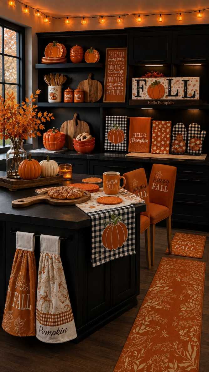Kitchen with moody black cabinets and orange harvest decor