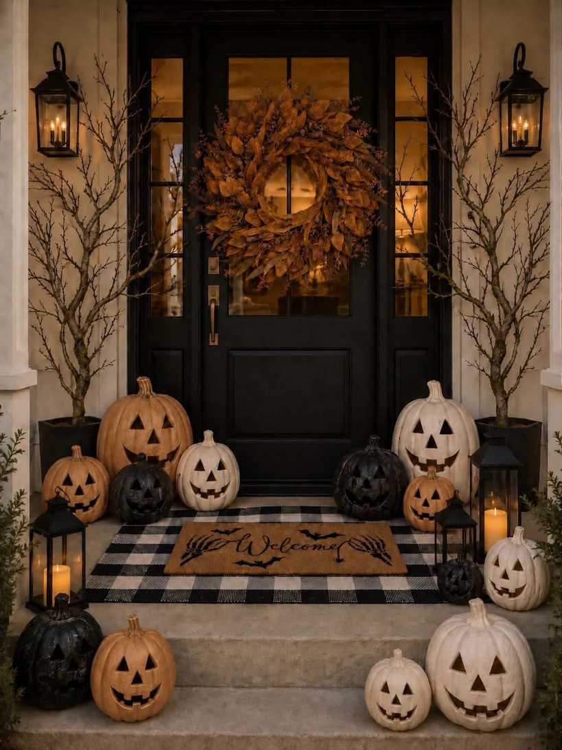 Moody porch with a black door, spooky trees, and carved pumpkins.