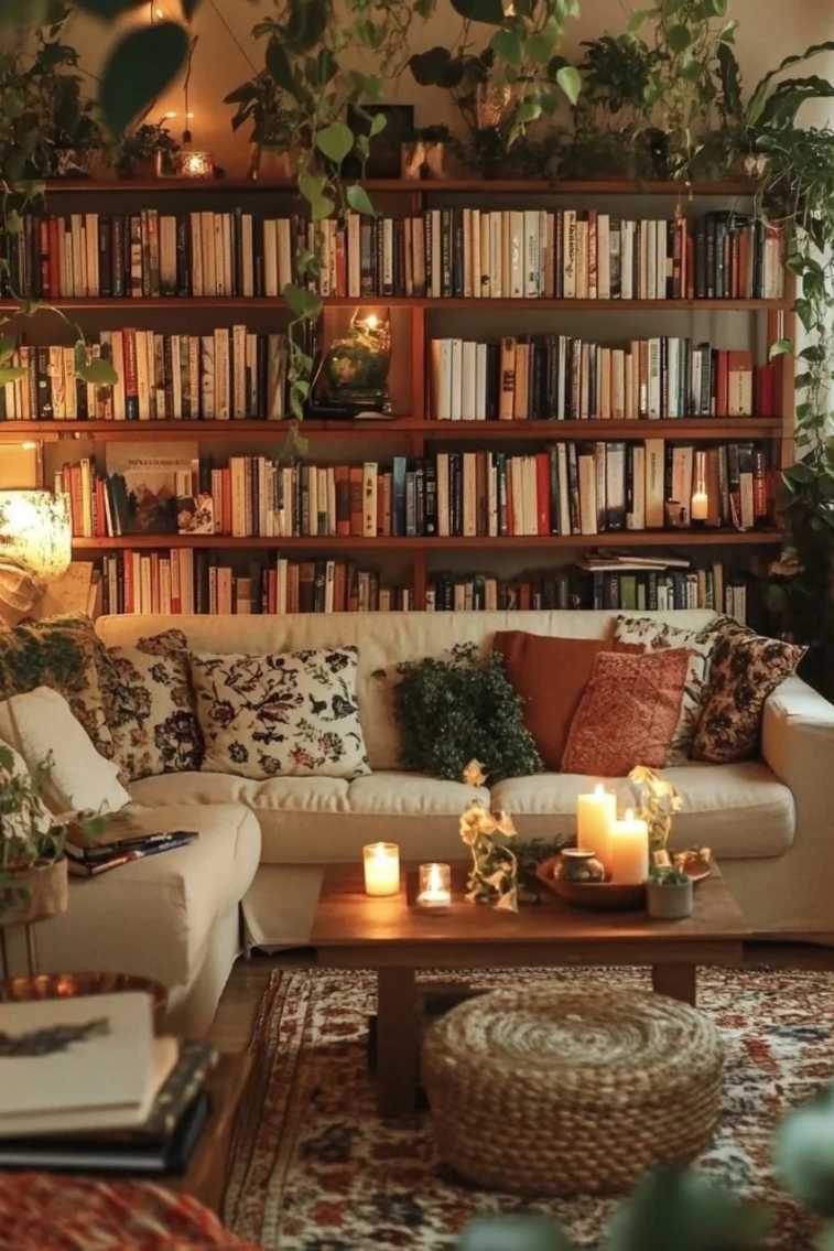 Dark velvet armchair, assorted houseplants, candle clusters, brushed‑gold wall sconce, deep charcoal walls.