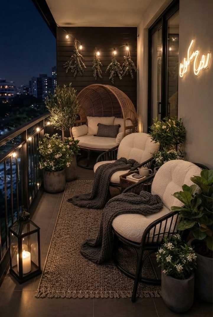 Moody luxury balcony featuring a rattan daybed, neon accent lighting, and dark wood accents.