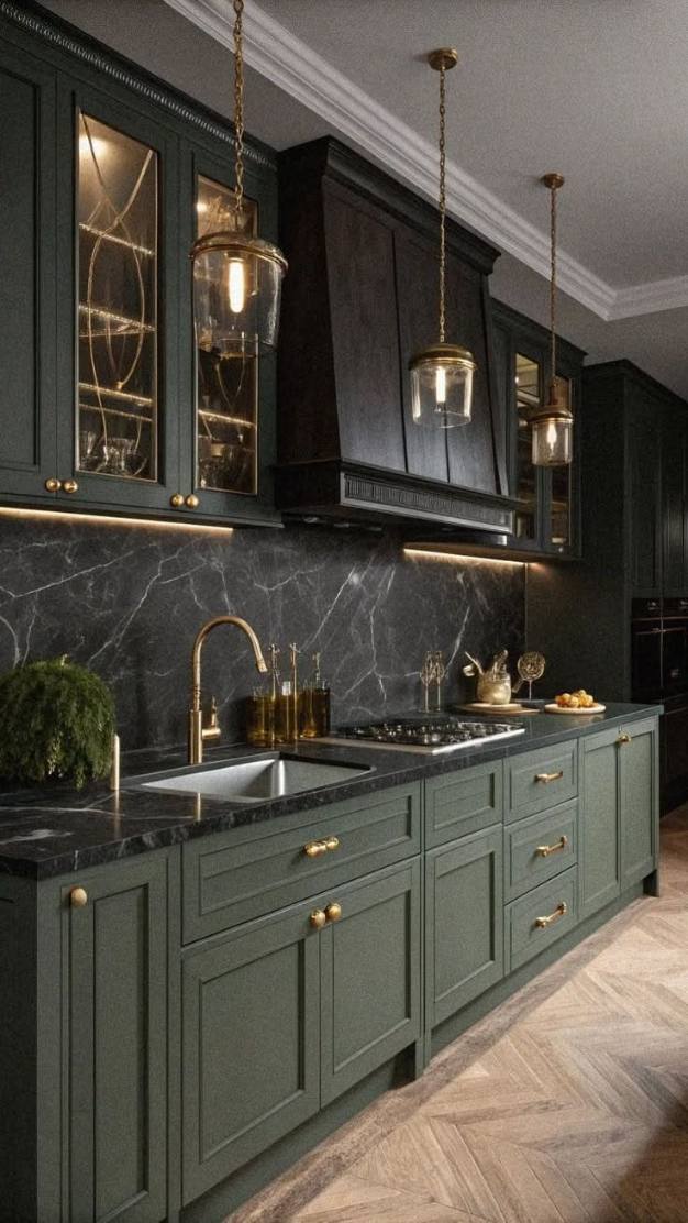 Moody olive green cabinets, black marble backsplash, brushed steel faucet, dim ambient lighting.