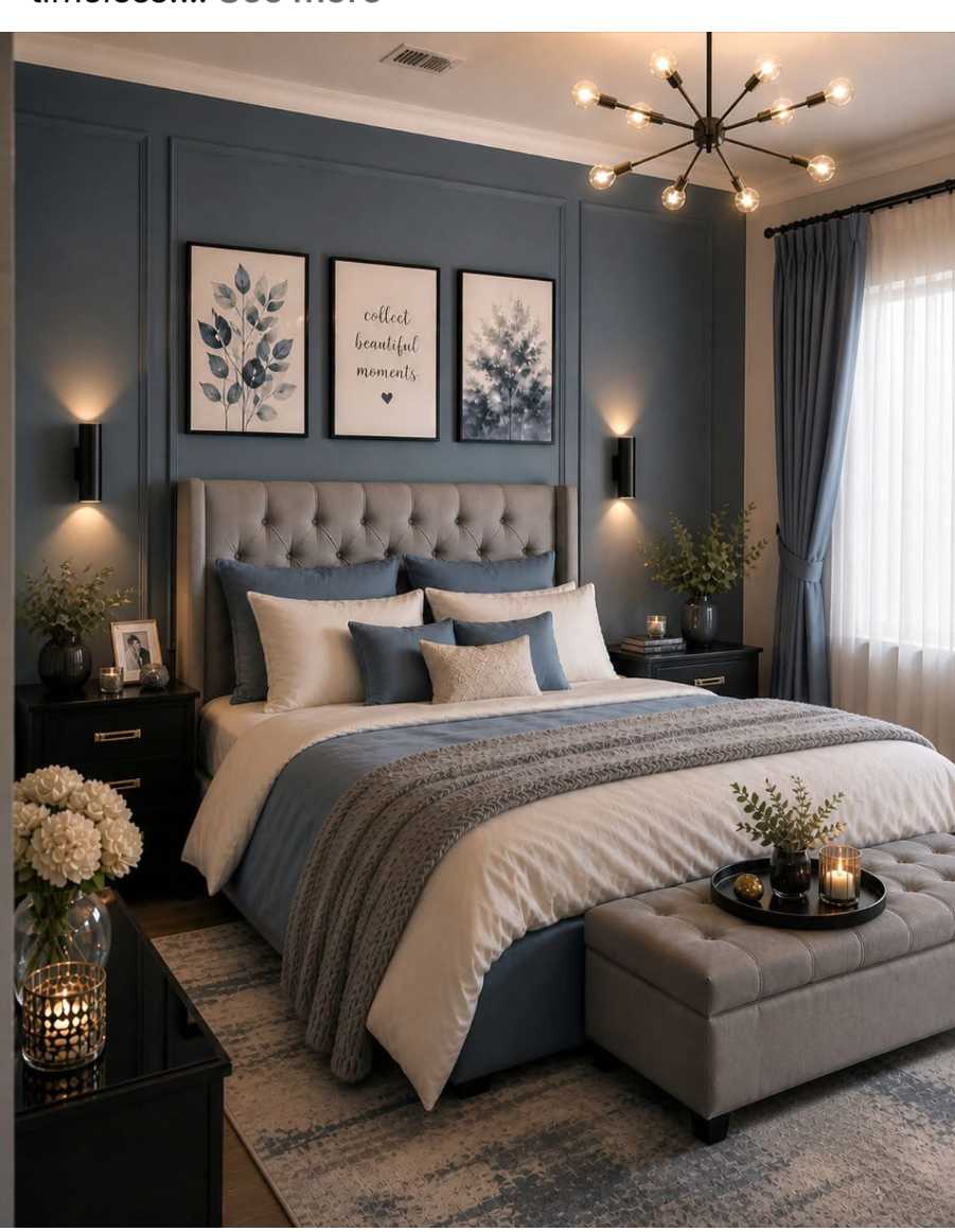 Moody slate blue accent wall with a tufted headboard for a dramatic look