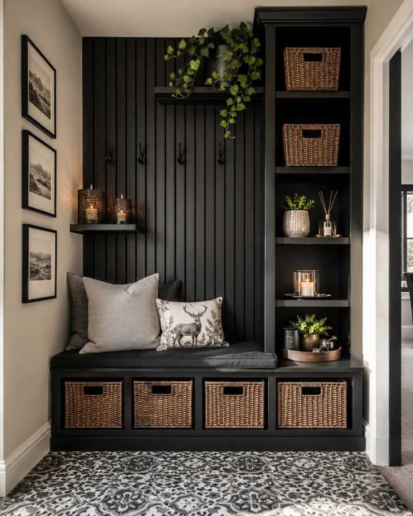 Mudroom featuring black vertical wood slat wall, sleek metal hooks, matte black bench, ambient LED lighting