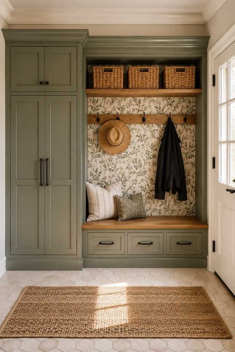 Mudroom nook with botanical wallpaper, rattan bench, woven baskets, natural light from frosted window
