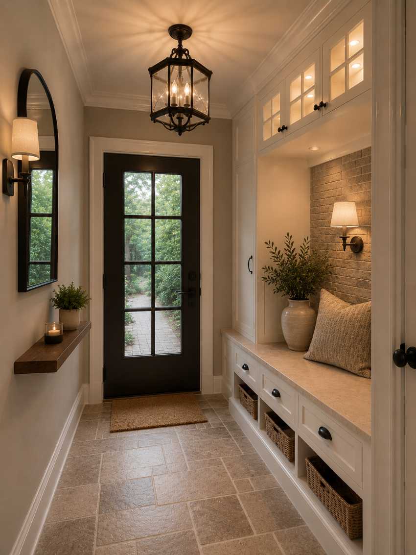 Mudroom entry nook with exposed brick wall, reclaimed wood bench, industrial pendant, amber lighting