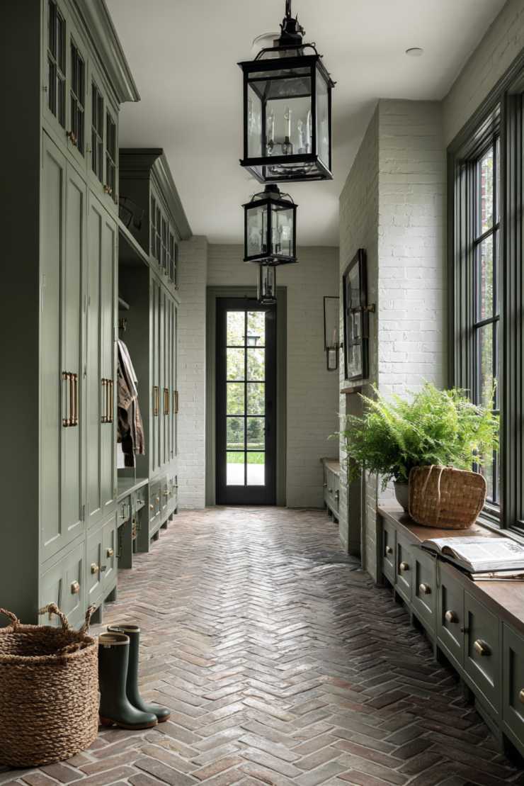 Mudroom hallway with brick wall, built‑in wooden cabinets, glass front, soft LED strip lighting
