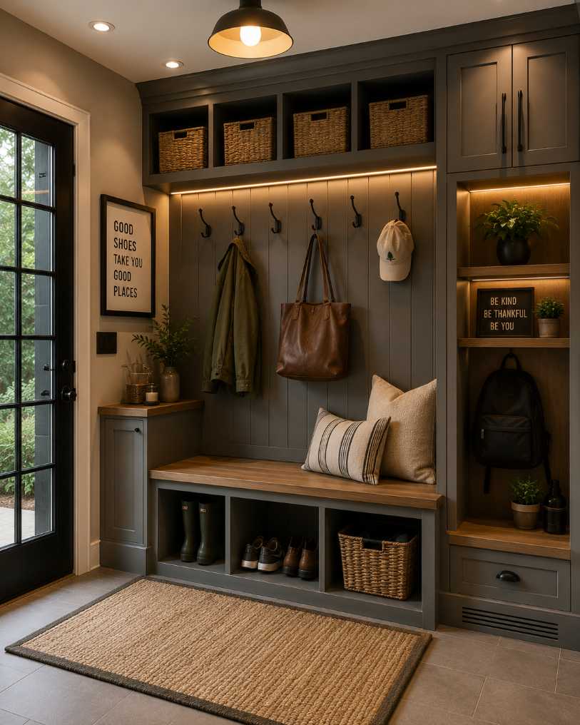 Mudroom nook with charcoal painted walls, metal locker hooks, minimalist bench, cool LED lighting