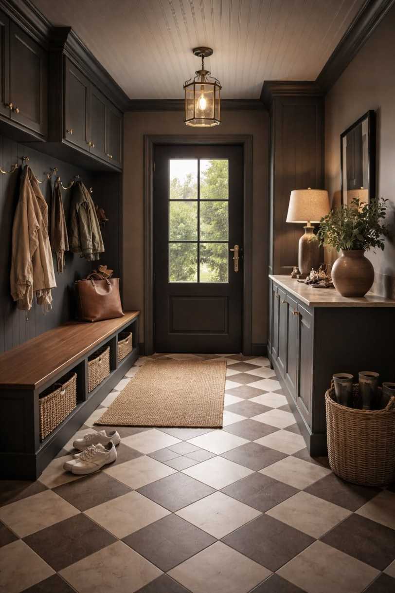 Mudroom with black‑white checkerboard tiles, white bench, brass accents, ambient warm lighting
