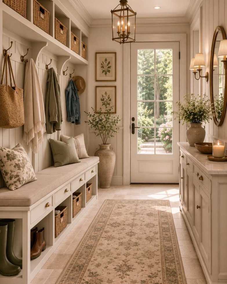 Mudroom with distressed country bench, woven wicker basket, soft pastel walls, natural daylight