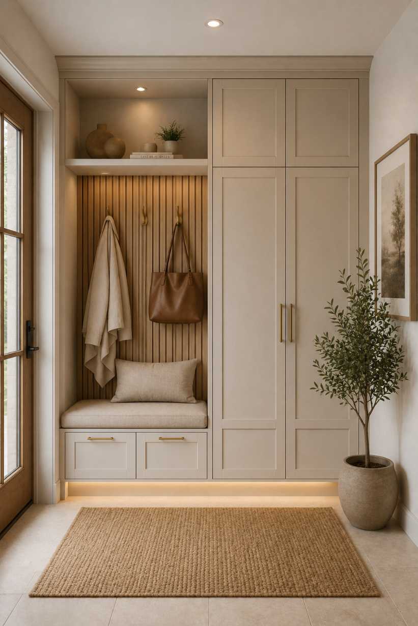 Mudroom featuring floating bench, built‑in LED strip lighting, glass wall, light oak finish