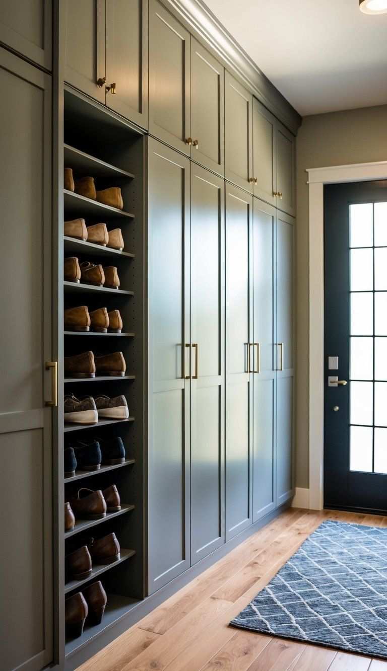 Mudroom with towering shoe cabinets, glass front doors, soft white lighting, polished concrete floor