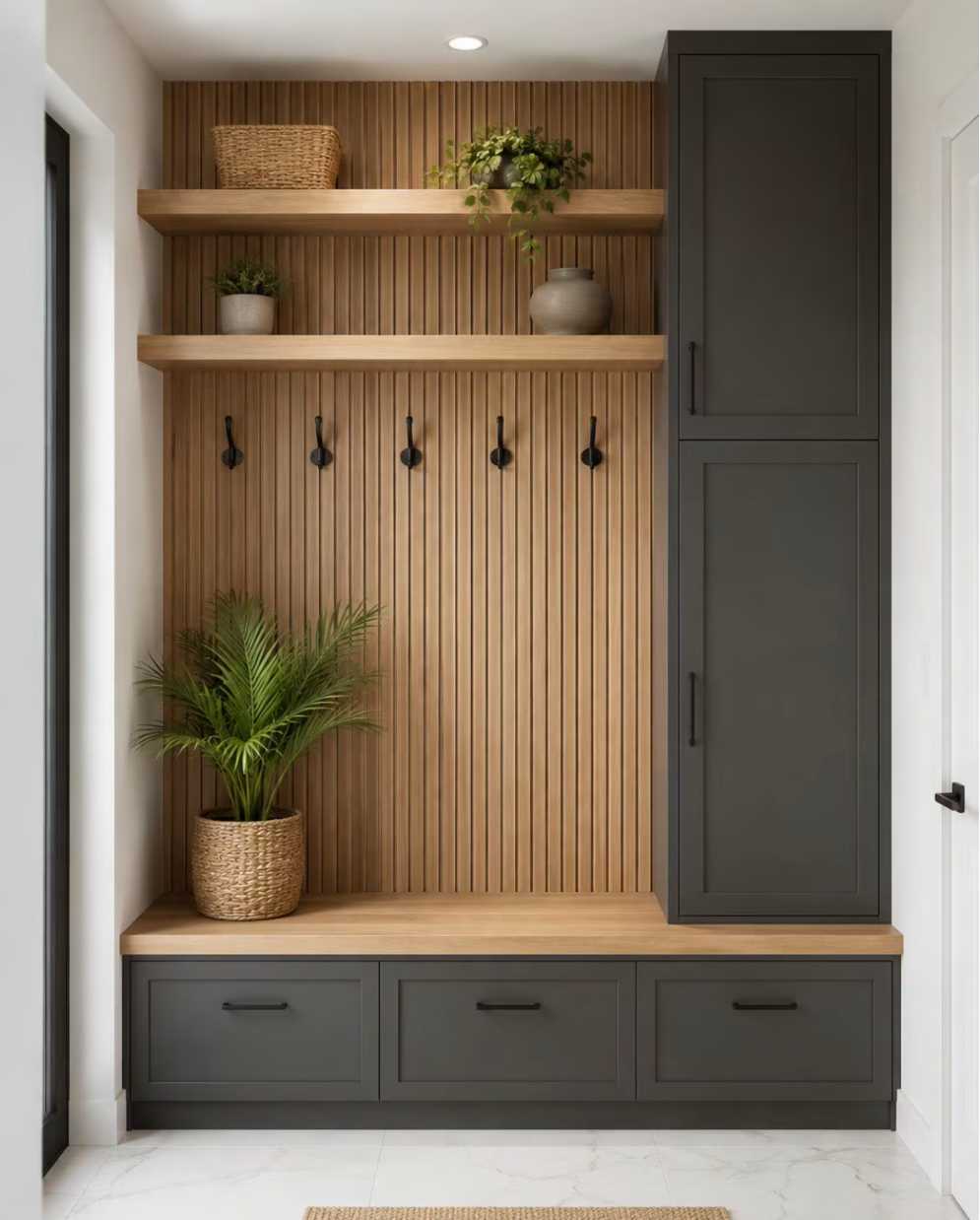 Mudroom with vertical fluted wood slats, matte black bench, recessed warm lighting, earth tone walls