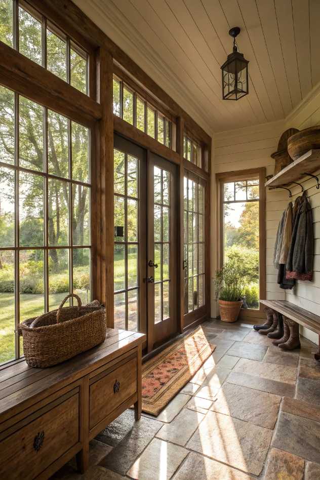 Mudroom with floor‑to‑ceiling glass doors, light wicker bench, sheer curtains, natural daylight flood