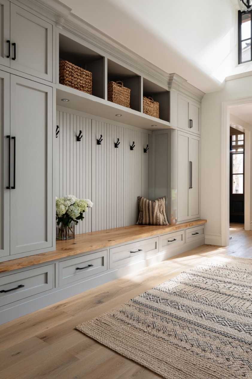 Mudroom built‑in bench in dove grey, soft fabric cushions, brushed steel hooks, diffused ceiling lighting