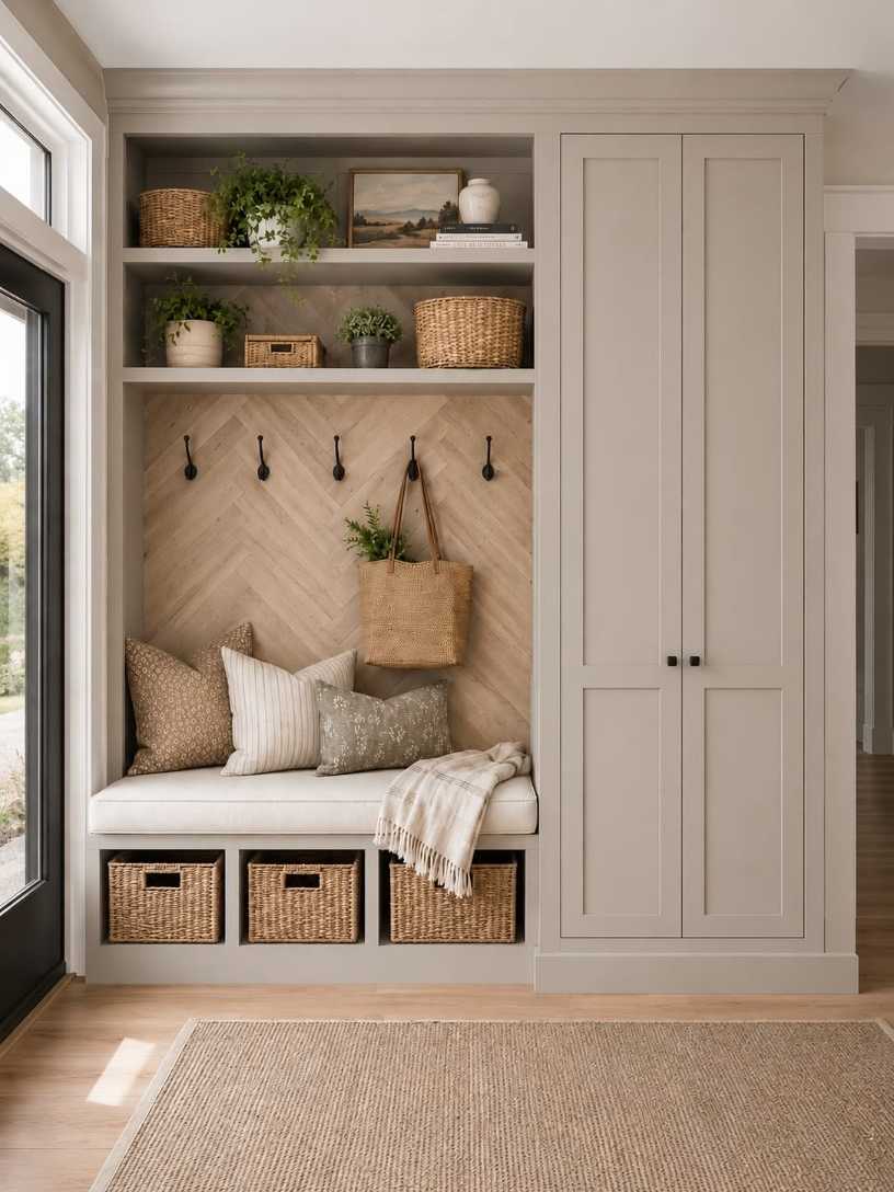 Mudroom wall with herringbone wood paneling, black metal hooks, light grey bench, soft LED strip lighting