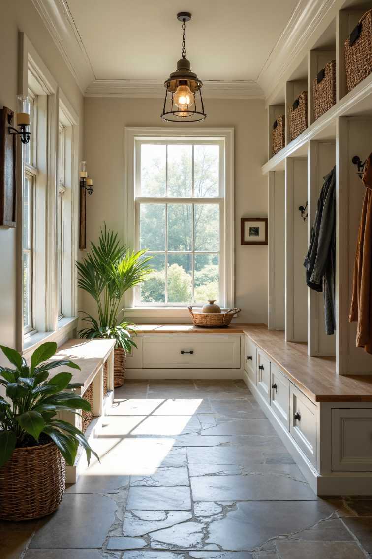 Mudroom corner with L‑shaped bench, built‑in shoe cubbies, matte black hardware, warm under‑cabinet lighting