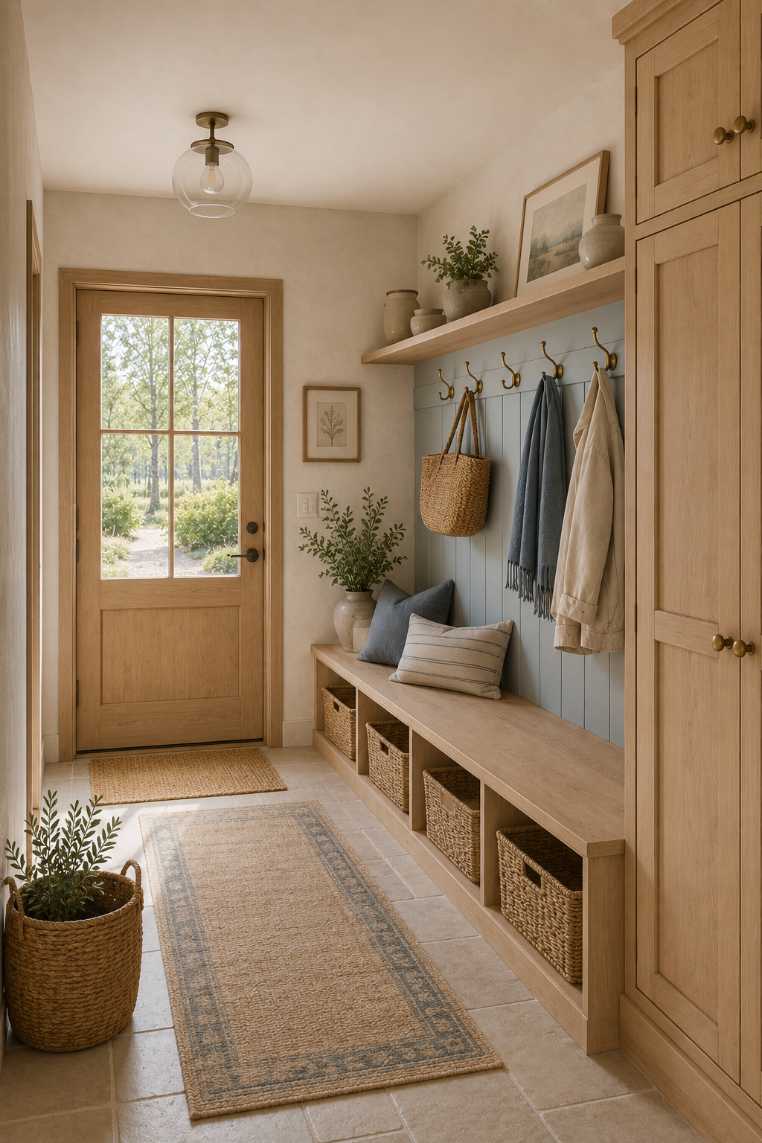 Mudroom with light oak bench, woven storage baskets, pastel walls, natural daylight, soft LED lighting