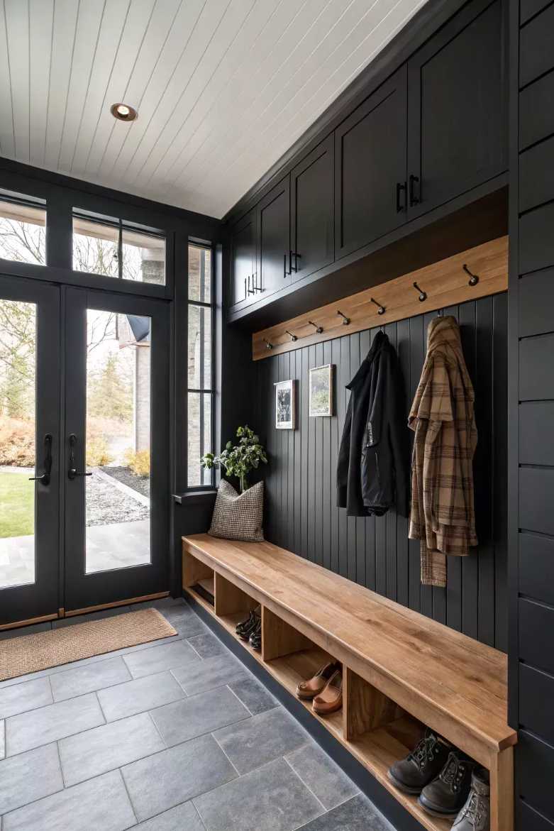 Mudroom with matte black shiplap walls, white bench, brushed gold hooks, cool LED lighting