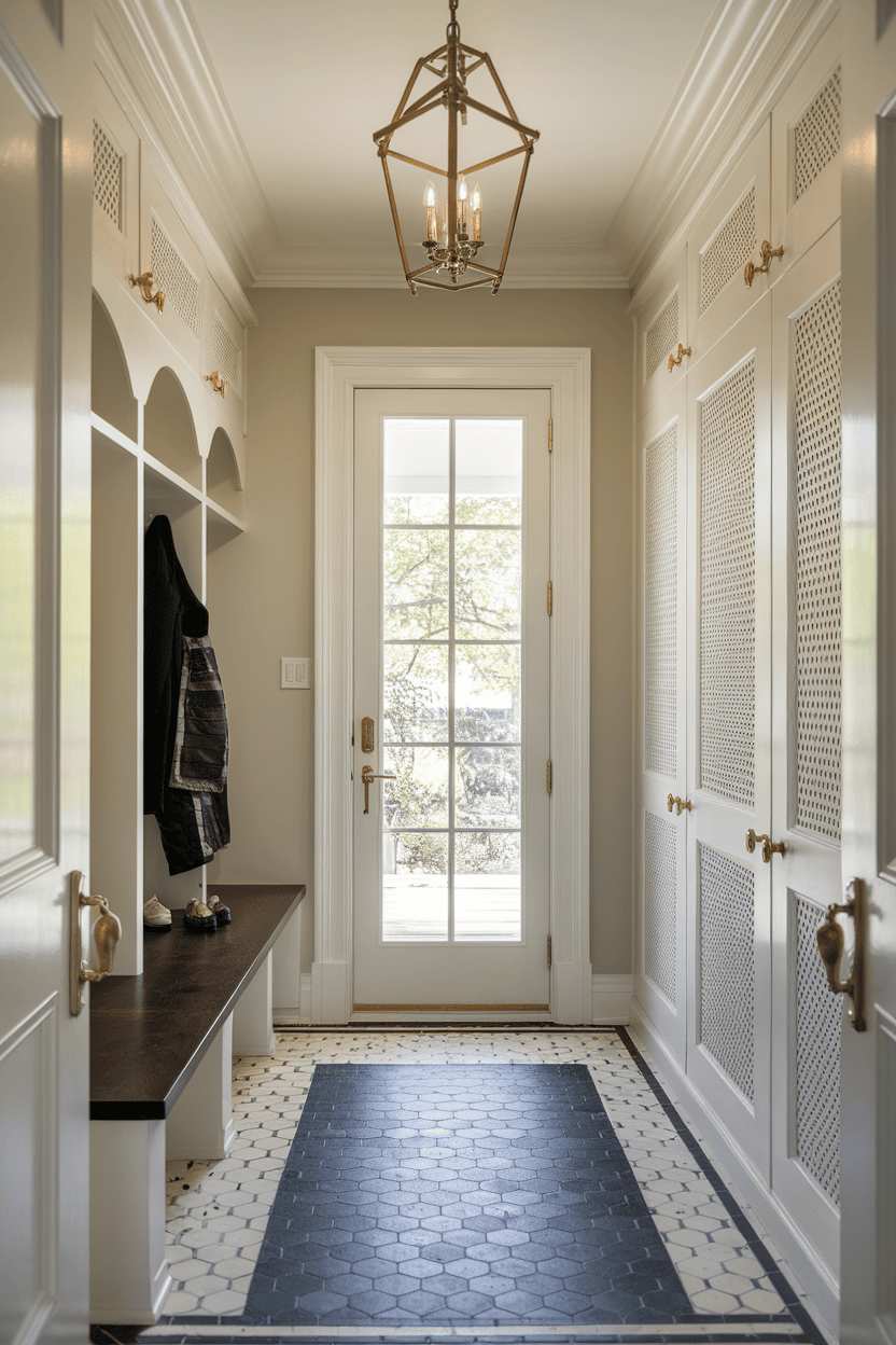 Mudroom with metal mesh cabinet, reclaimed wood bench, industrial pendant, soft white lighting