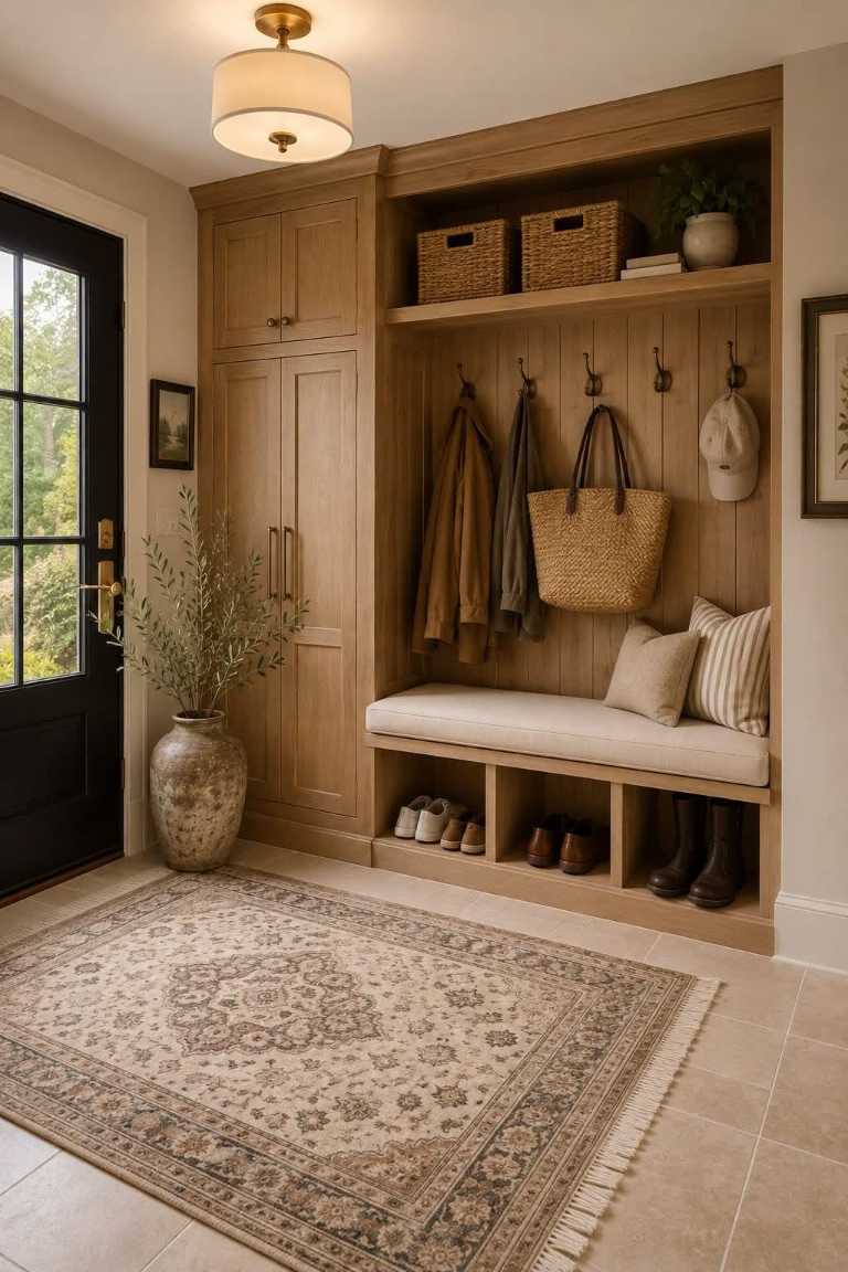 Mudroom built‑in shelves in natural wood, woven baskets, soft ambient lighting, earth tone walls