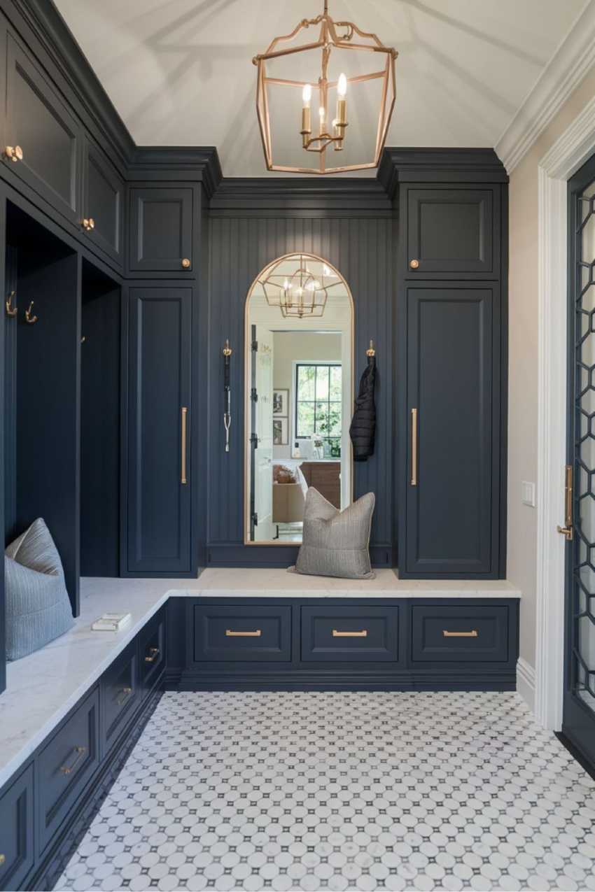 Mudroom with navy blue lockers, brass hardware, white bench, cool LED lighting, maritime accents