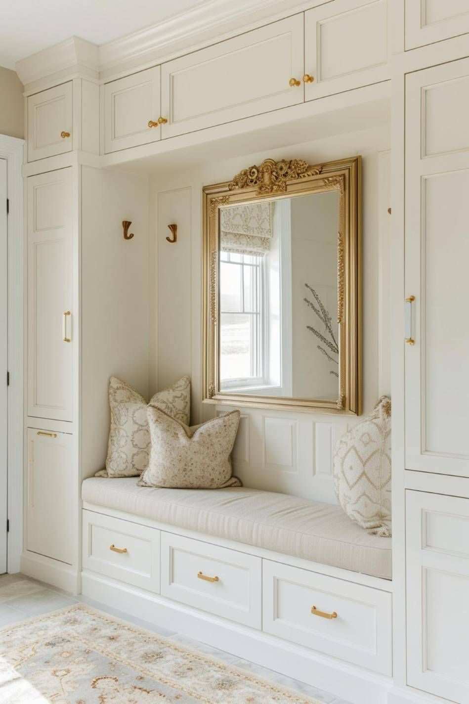 Mudroom with large ornate gold frame mirror, marble vanity, soft white lighting, pastel walls