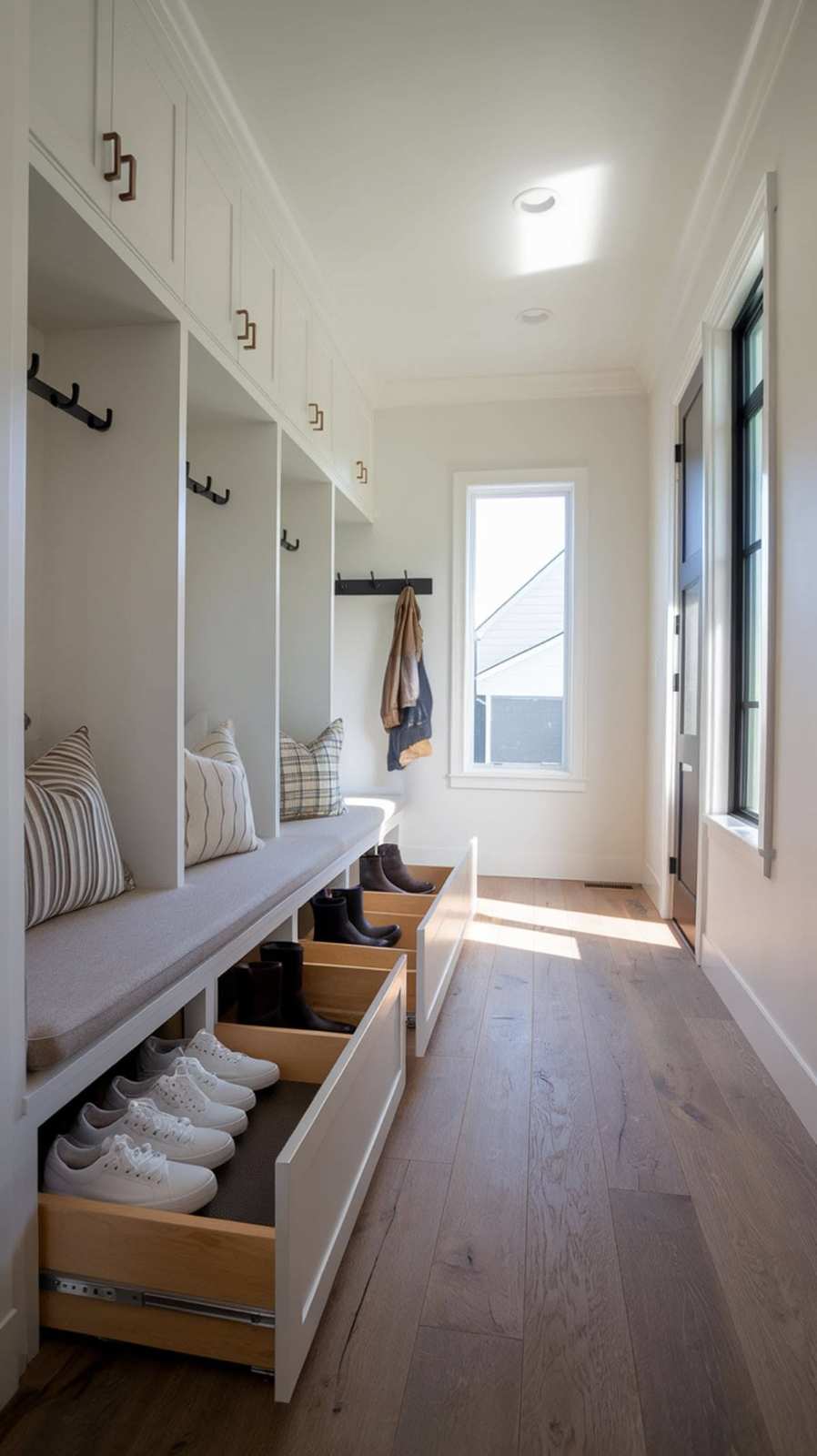 Mudroom with pull‑out shoe drawers, white wood finish, under‑cabinet LED lighting, soft gray walls