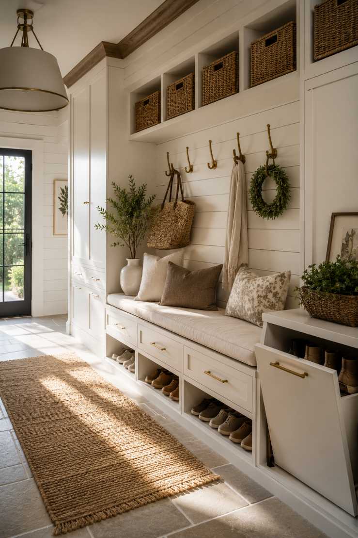 Mudroom with vertical pull‑out shoe racks, walnut finish, warm pendant lighting, natural stone floor
