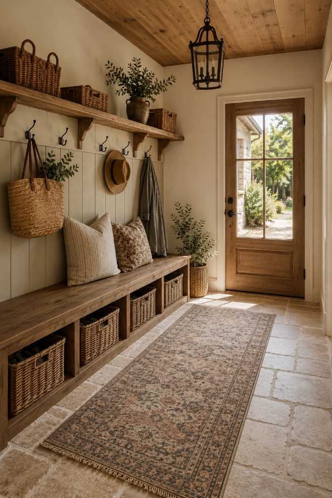 Mudroom with reclaimed wood bench, rustic peg rail, metal hooks, soft natural lighting, earthy walls