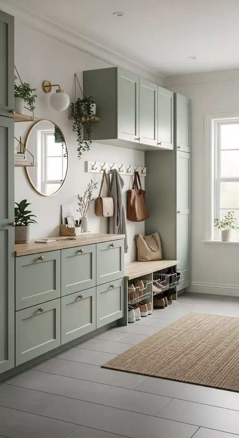 Mudroom with sage green cabinets, white countertop, brushed nickel handles, cool white lighting, natural wood floor