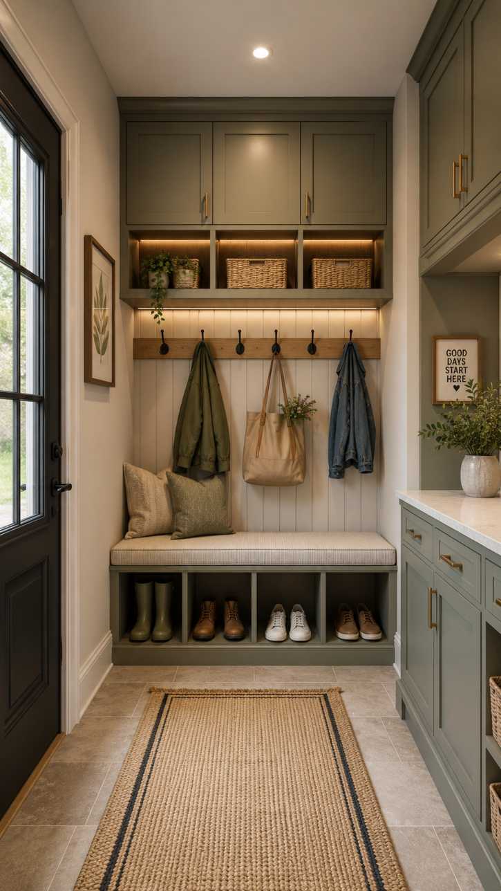 Mudroom with sage painted wall, under‑shelf LED lights, white bench, natural woven basket, soft daylight