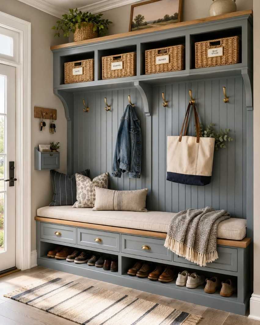 Mudroom with slate blue bench, white storage cubbies, brushed copper lighting, light gray walls