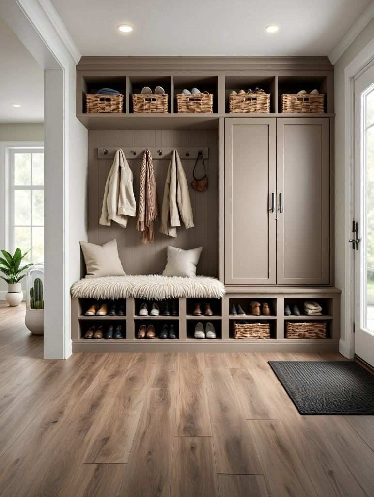 Mudroom with taupe shoe cubbies, natural wood bench, soft white pendant lighting, earth tone walls