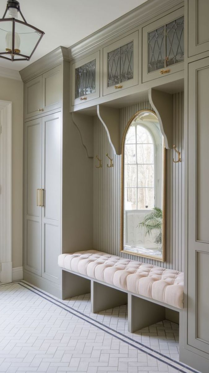 Mudroom built‑in tufted bench, velvet upholstery, walnut cabinets, warm ambient lighting, dark accent wall