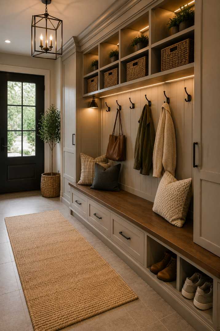 Mudroom with under‑cabinet LED strips, white cabinetry, black bench, cool white lighting, minimalist walls
