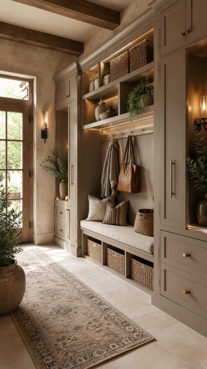 Mudroom built‑in cabinets in warm greige, natural wood bench, soft amber lighting, light stone floor