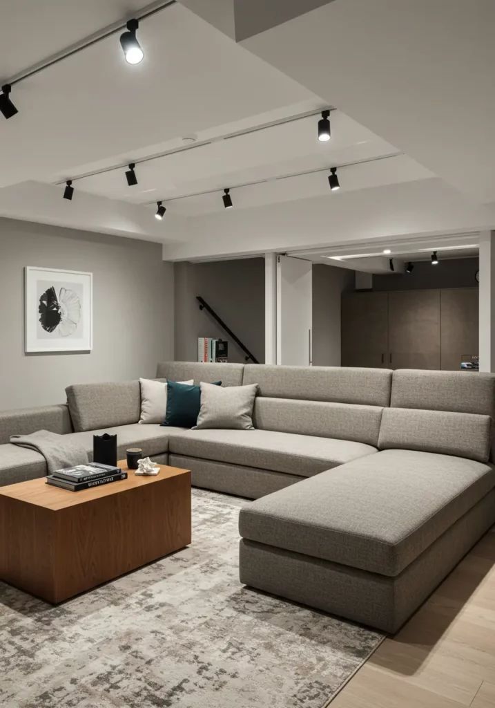 Flexible basement room with convertible sectional and clear floor space