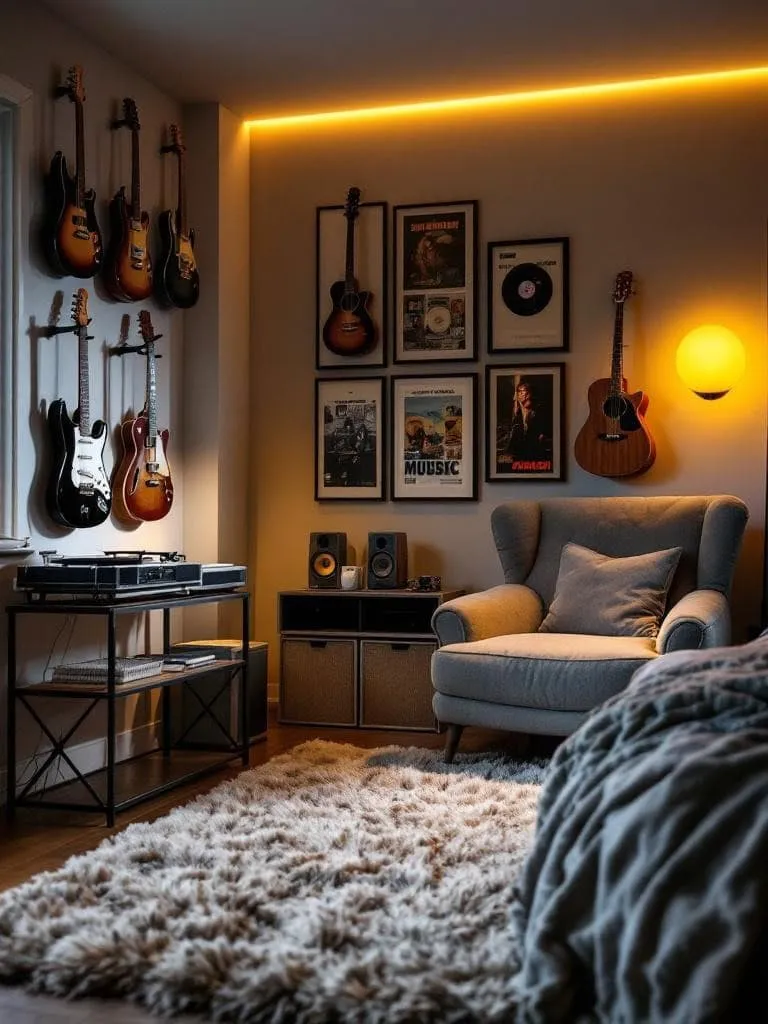 Music‑themed men’s bedroom showcasing a wall‑mounted guitar display and ambient accent lighting.