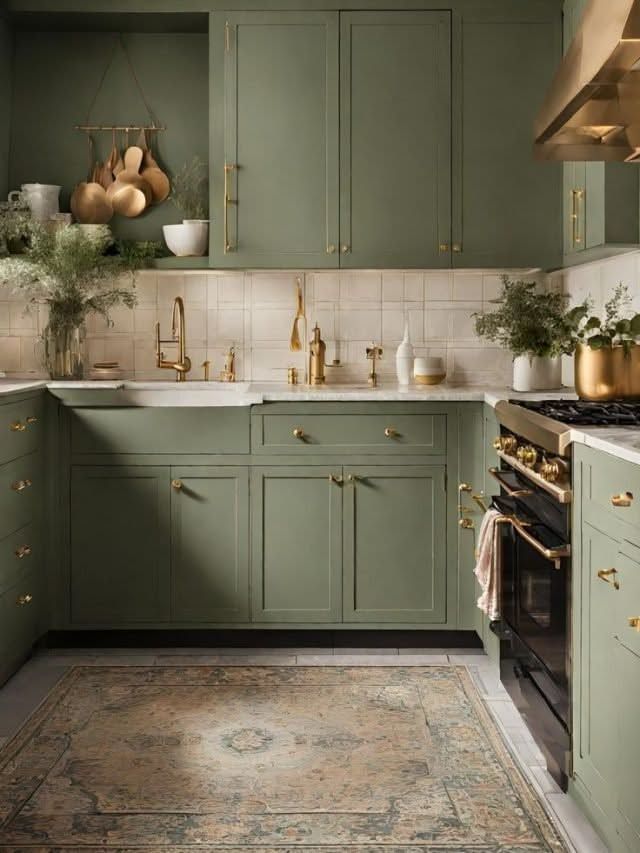 Muted sage green cabinets, brass hardware, vintage patterned rug, soft pendant lighting.