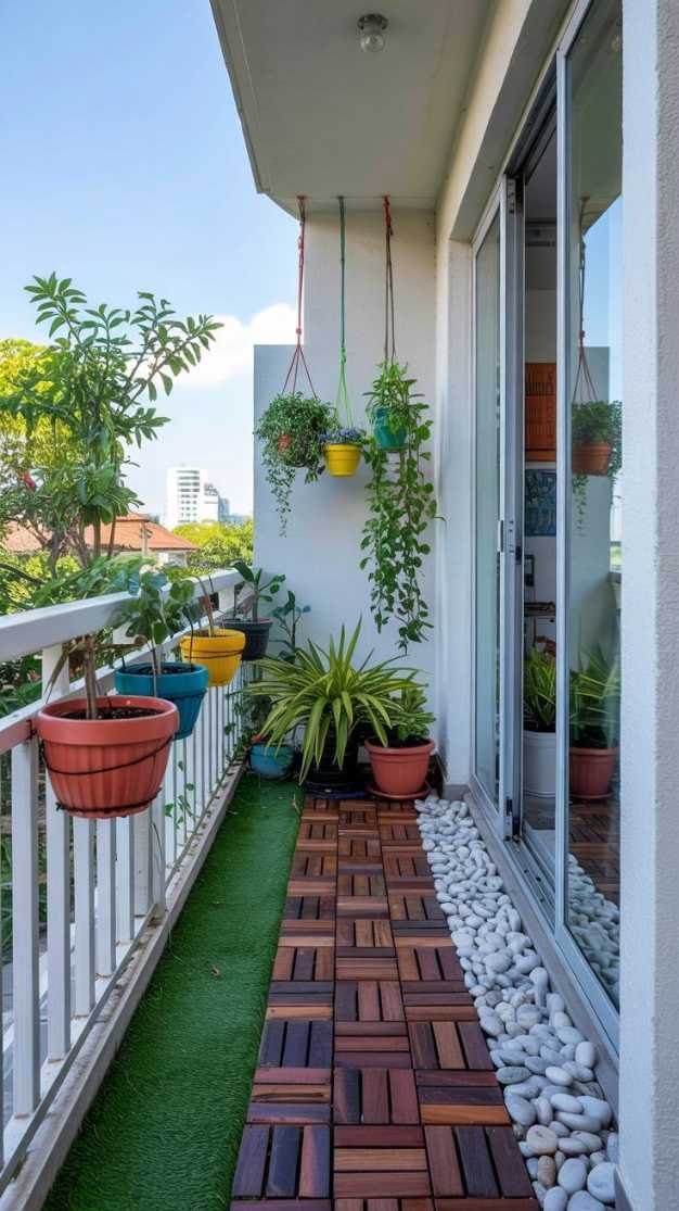 Slim balcony garden featuring interlocking deck tiles, a strip of artificial turf, and compact planters.
