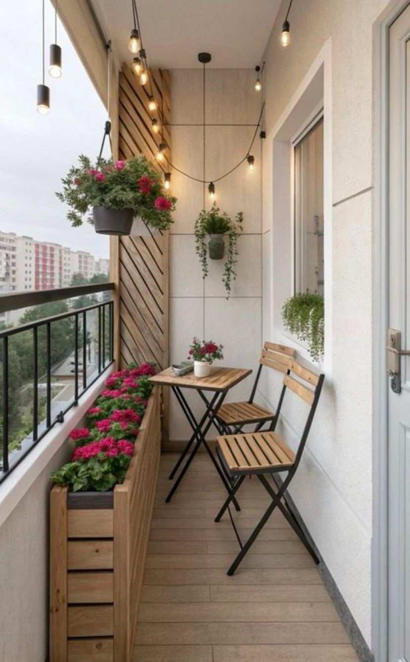Narrow balcony with a built‑in wooden planter box, compact bistro set, and natural stone accents.