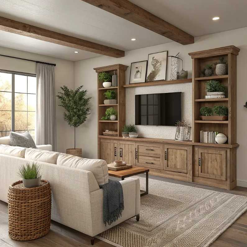 Living room built‑in unit of natural wood, TV, storage cubbies, warm lighting, soft rug.