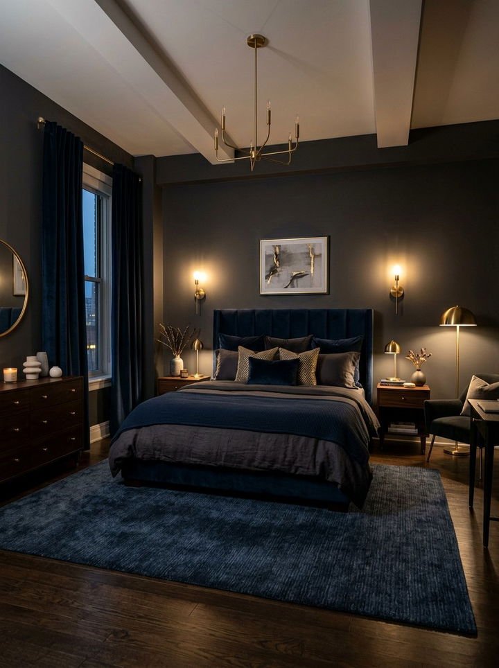 Navy bedroom with dark walls, gold chandelier, and a patterned rug, masculine vibe.