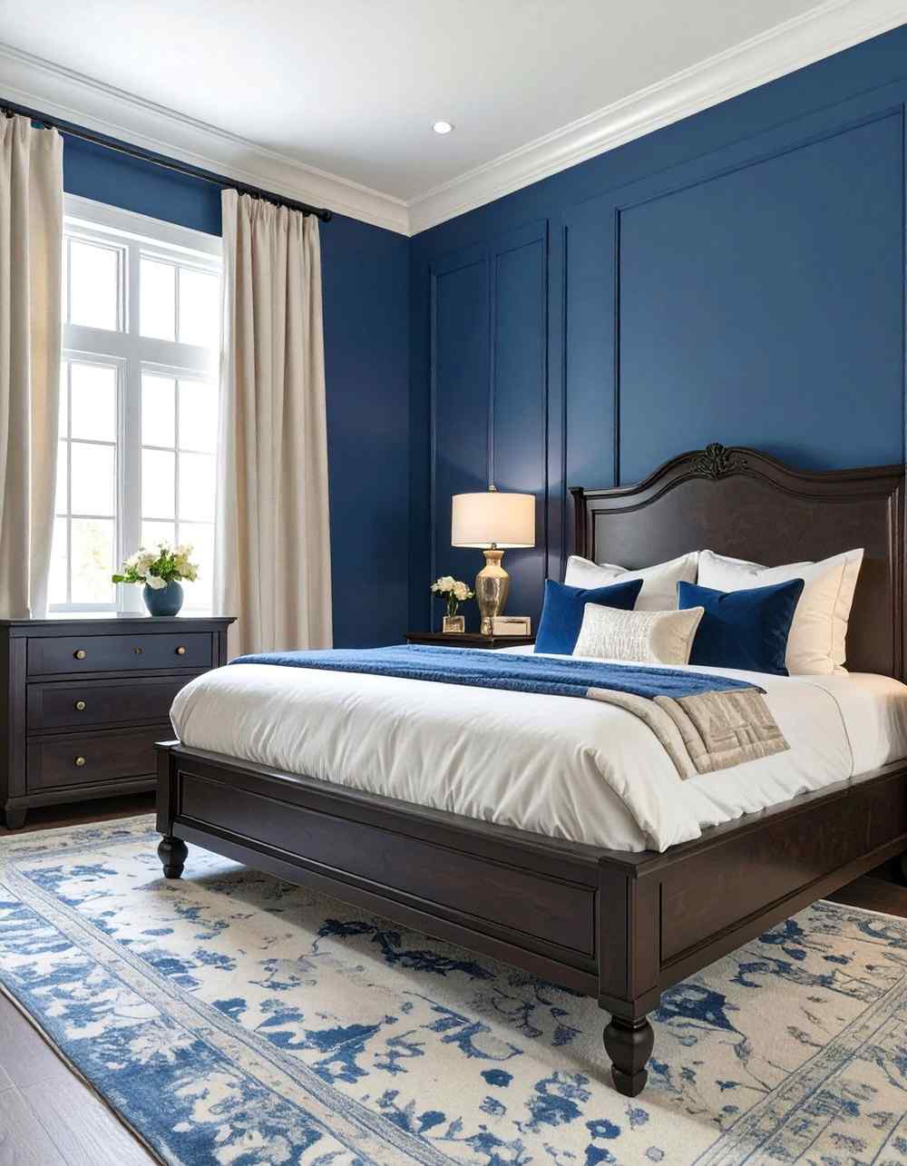 Navy bedroom featuring a dark wood bed frame, beige linen curtains, and subtle lighting.