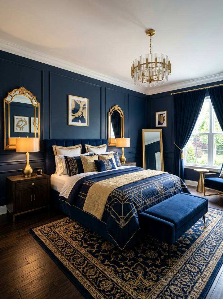Navy bedroom with gold chandelier, patterned bedding, and a sleek bench, stylish design.