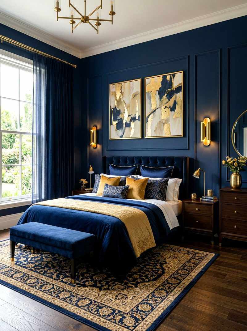 Navy bedroom with gold throw blanket, abstract wall art, and expansive window view.