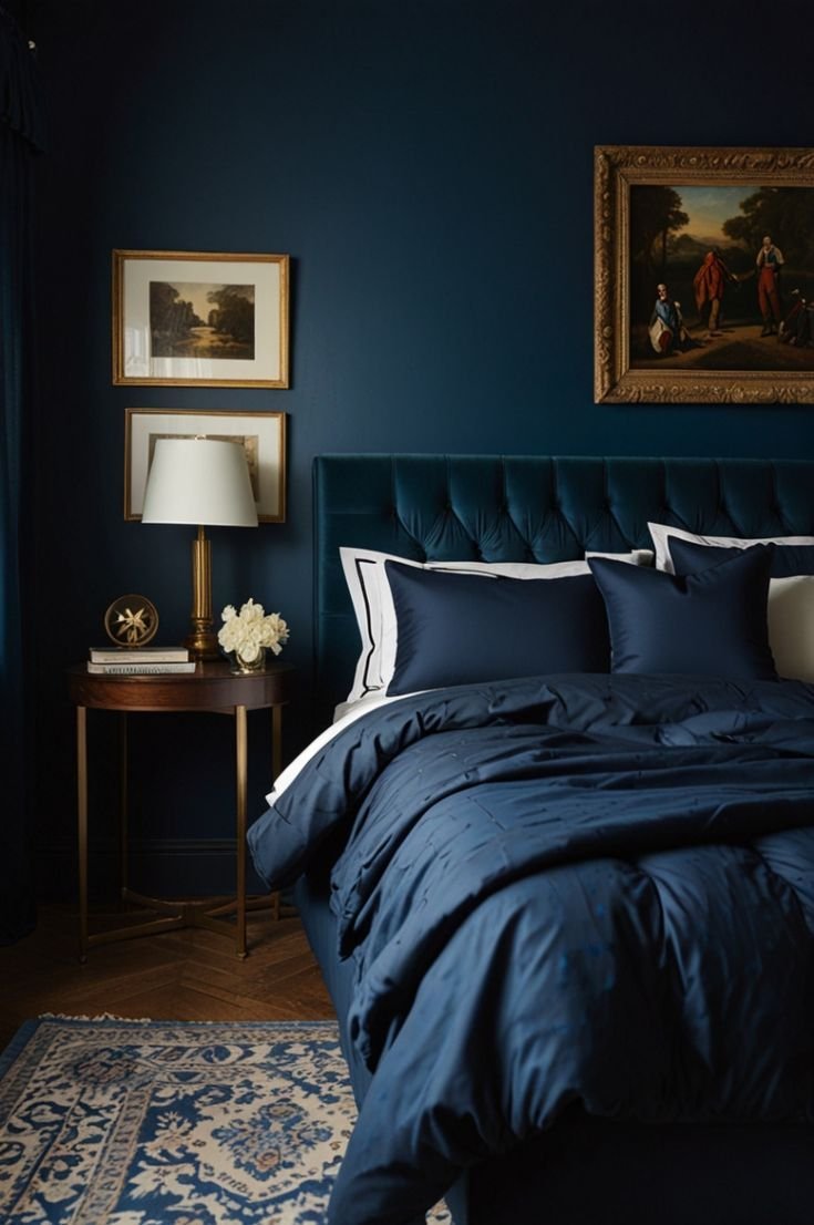 Navy bedroom featuring a tufted bed, brass bedside lamps, and curated wall paintings.