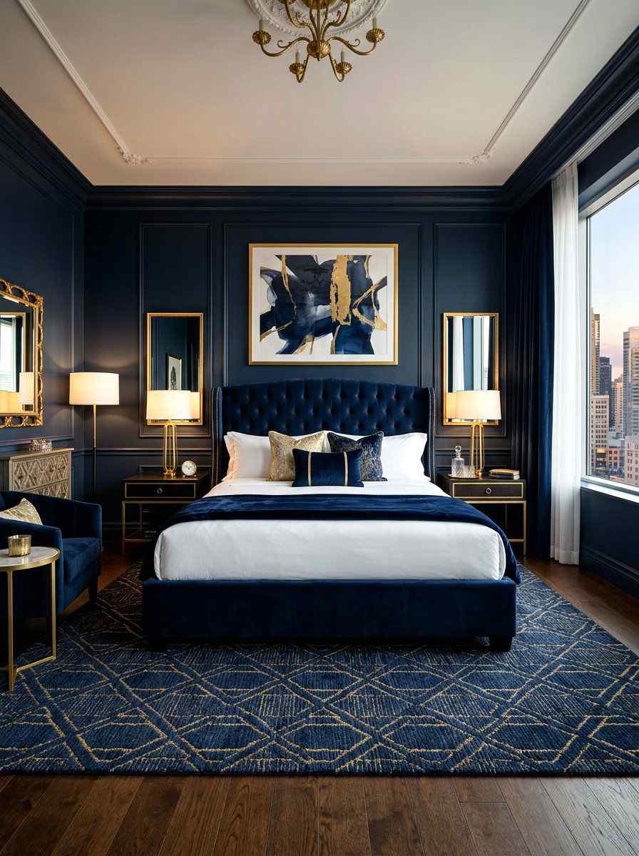 Navy bedroom with tufted bed, gold-framed mirrors, and an oversized chandelier.